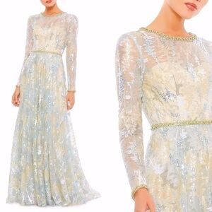 MAC DUGGAL 12460 LONG SLEEVE EMBELLISHED LACE PLATINUM EVENING  GOWN size 8